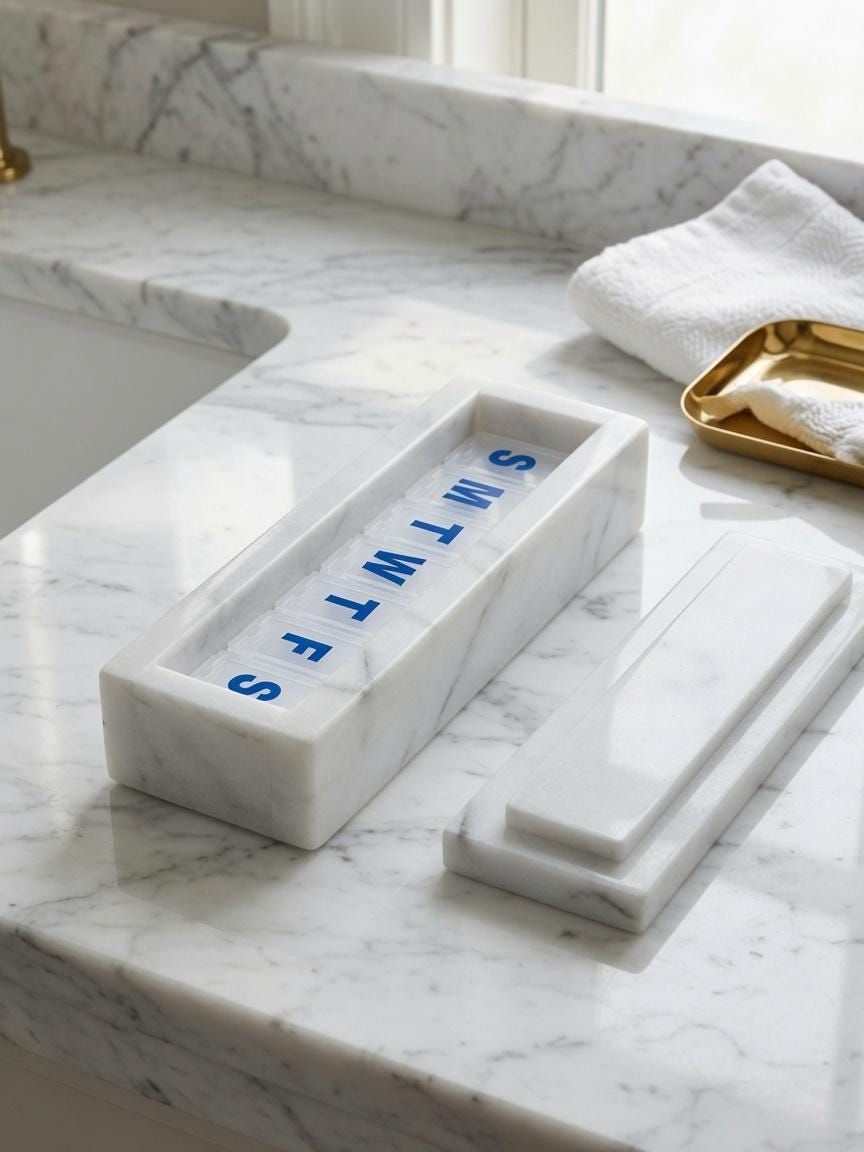 Glacier White marble pill shorter box 7"×2 1/4" height 2 3/8" with weakly pill organizer FREE SHIPPING