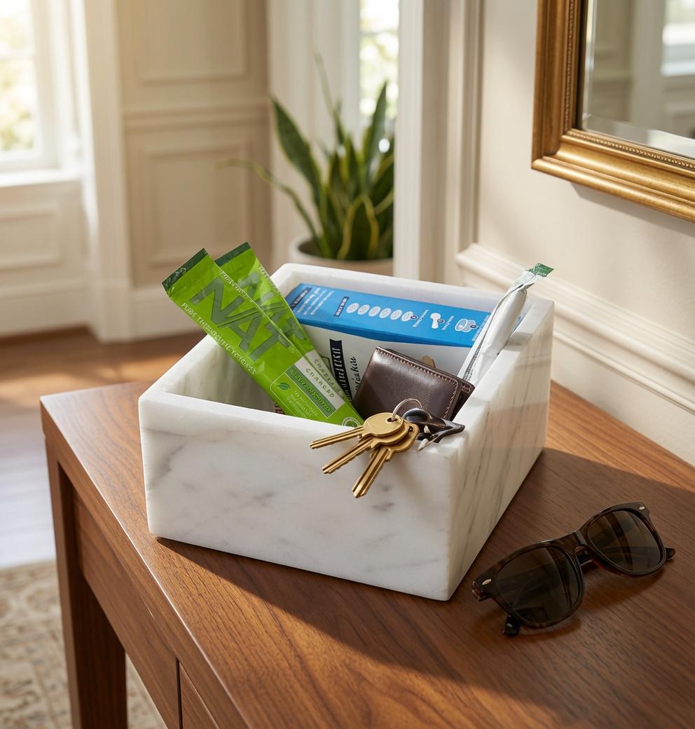 Handmade Glacier White Marble Box: Elegant Desk & Kitchen Storage(6X6X4)