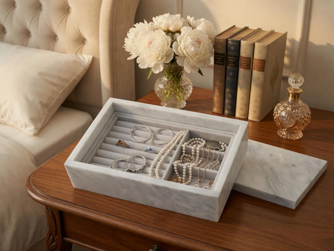 Marble Jewelry Box Ocean Silver Marble 9 1/4" × 5 3/4" height 3 1/2" Free Shipping Includes 2 for storage trays
