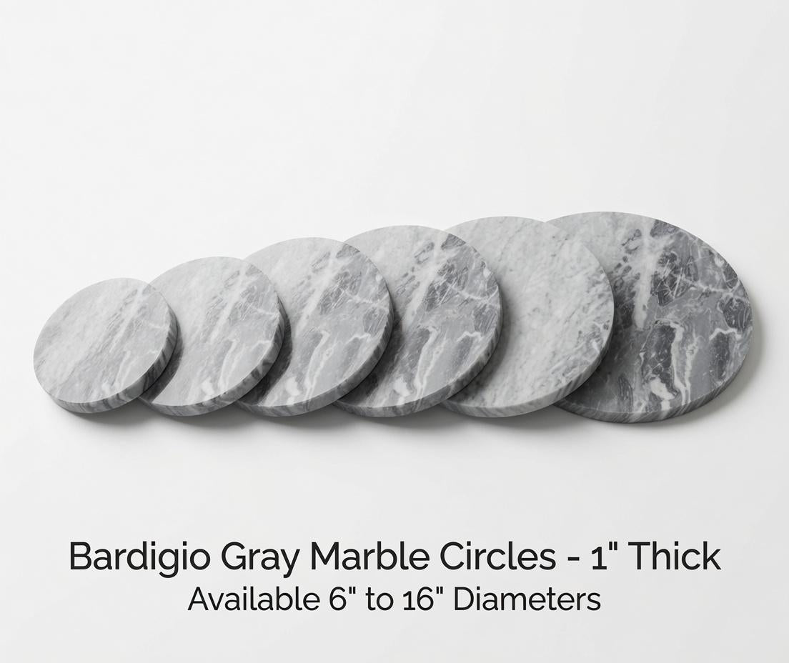 1" thick Bardiglio Gray marble Circles 6",7",8",9",10",11",12",13",14",15",16" available, Trivets,  Art Pedestals. Free Shipping.