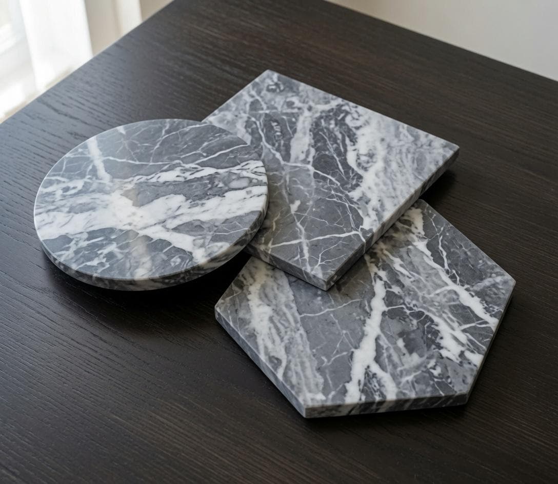 1" thick Bardiglio Gray marble Trivets 6",7",8",9",10",11",12",13",14",15",16" available in a variety of shapes