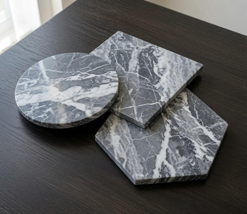 1" thick Bardiglio Gray marble Trivets 6",7",8",9",10",11",12",13",14",15",16" available in a variety of shapes