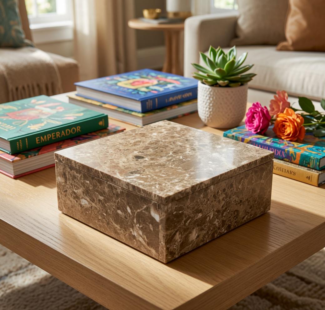 Handmade Emperador Light Marble Box 7 3/4"×7 3/4" height 3 5/8" Free Shipping