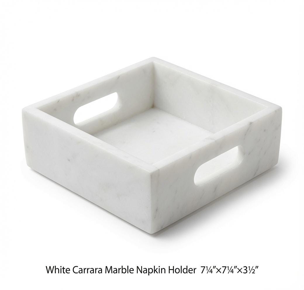 White Carrara Marble Napkin Holder 7 1/4"×7 1/4" height 3 1/2" with side handles holds 6" napkins perfectly FREE SHIPPING