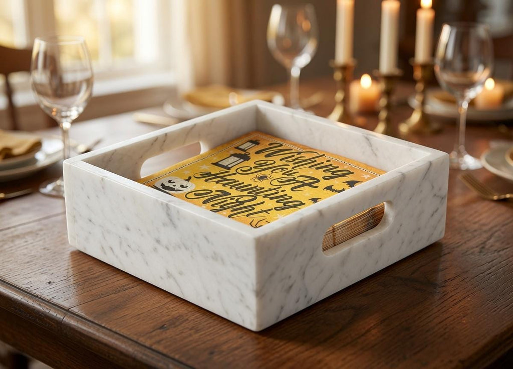 White Carrara Marble Napkin Holder 7 1/4"×7 1/4" height 3 1/2" with side handles holds 6" napkins perfectly FREE SHIPPING