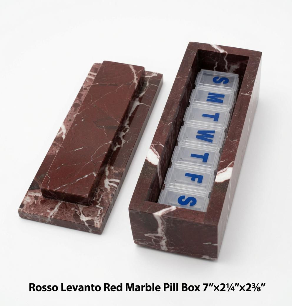 Rosso Levanto Red Marble Pill box marble box 7"×2 1/4" height 2 3/8" box with weakly pill organizer FREE SHIPPING