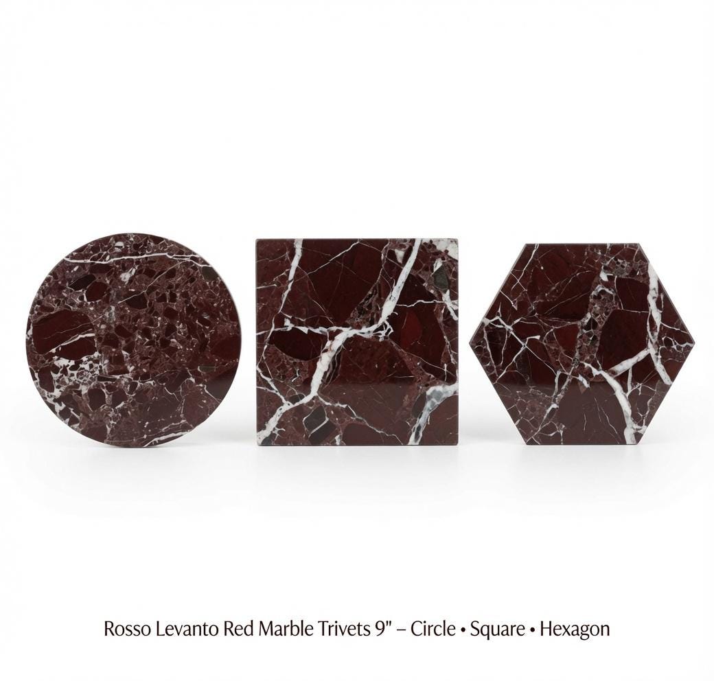 Rosso Levanto Red Marble Trivet,  Hot plate. Perfect to protect your table from hot pans 9" available in 3 shapes. circle, square, hexagon.
