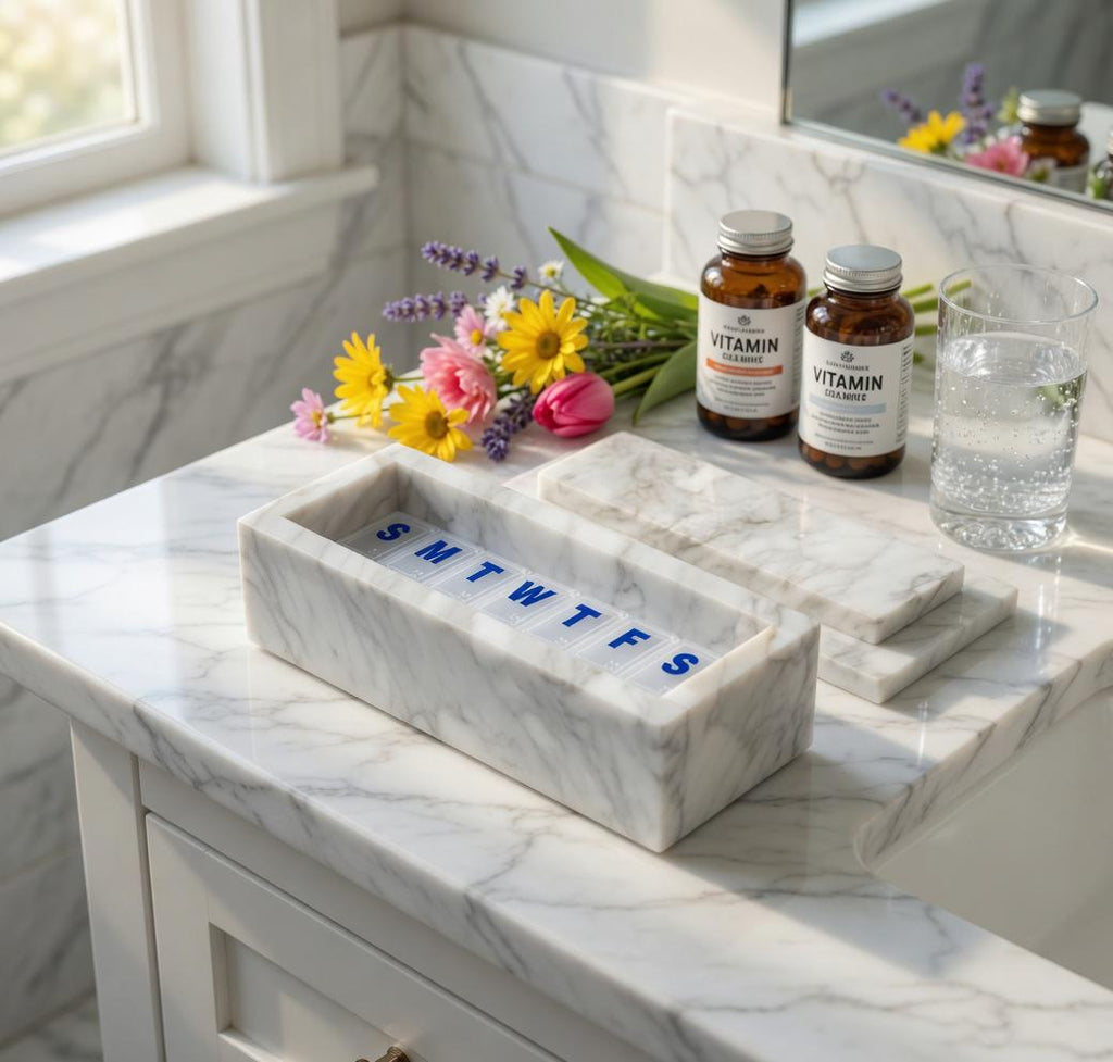 Handmade Bianco Carrara Marble Pill Box Organizer - Weekly Pill Case with Lid FREE SHIPPING