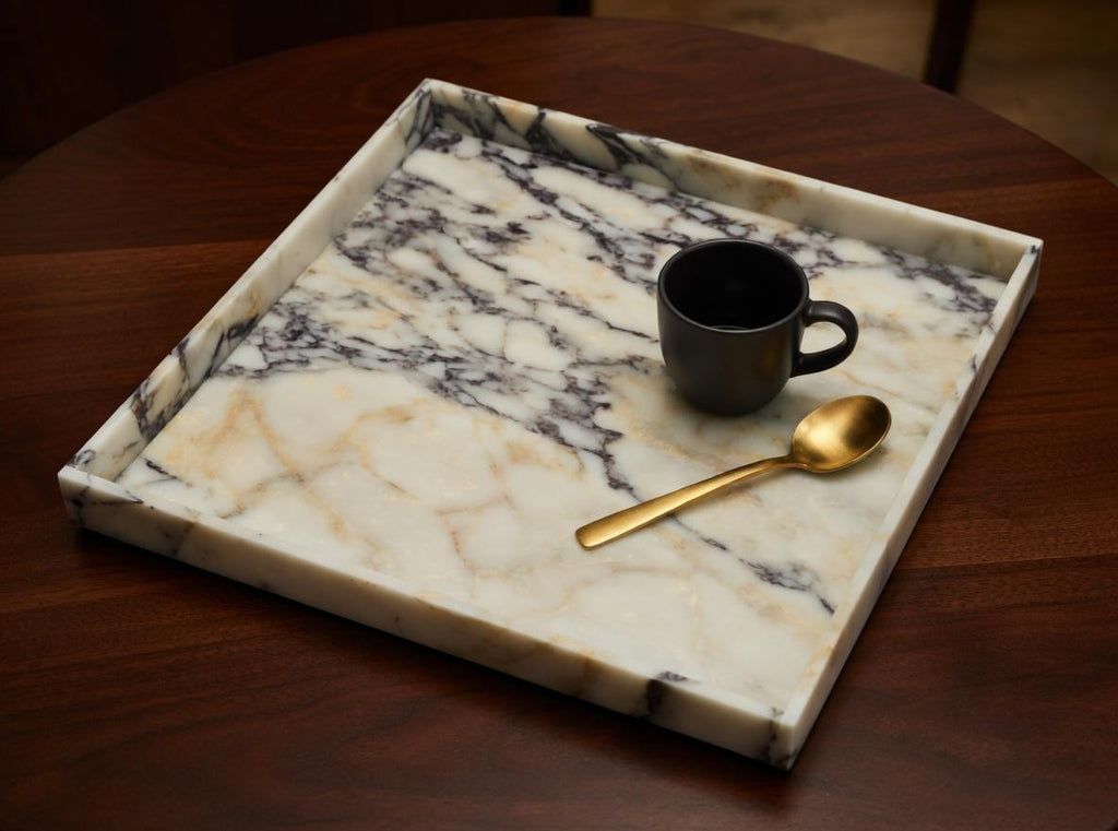 Amaretto Viola Marble Tray 20"×20" height 2", Elegant Purple & White Stone free shipping