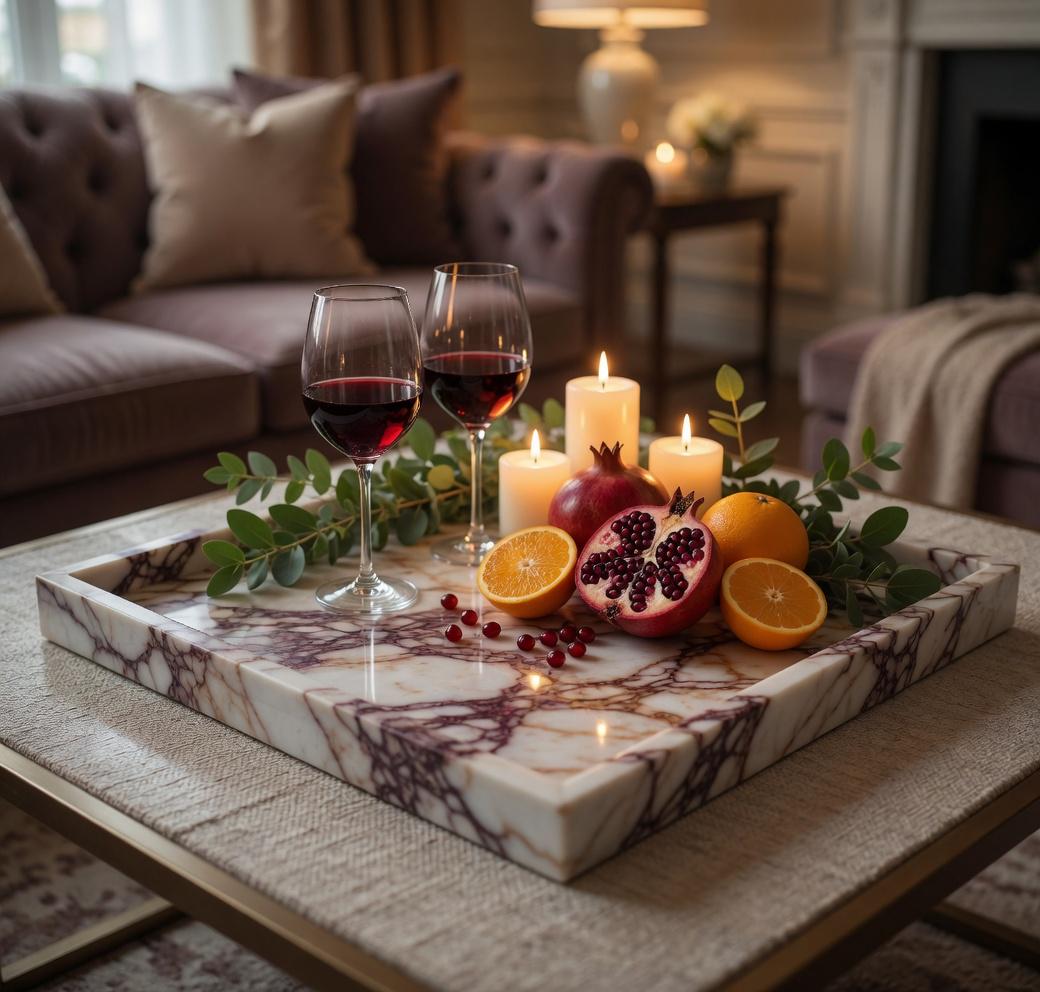 Amaretto Viola Marble Tray 20"×20" height 2", Elegant Purple & White Stone free shipping