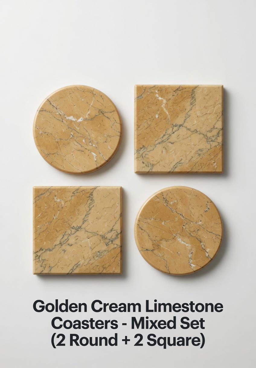 Handmade Golden Cream Limestone Coasters, Set of 4