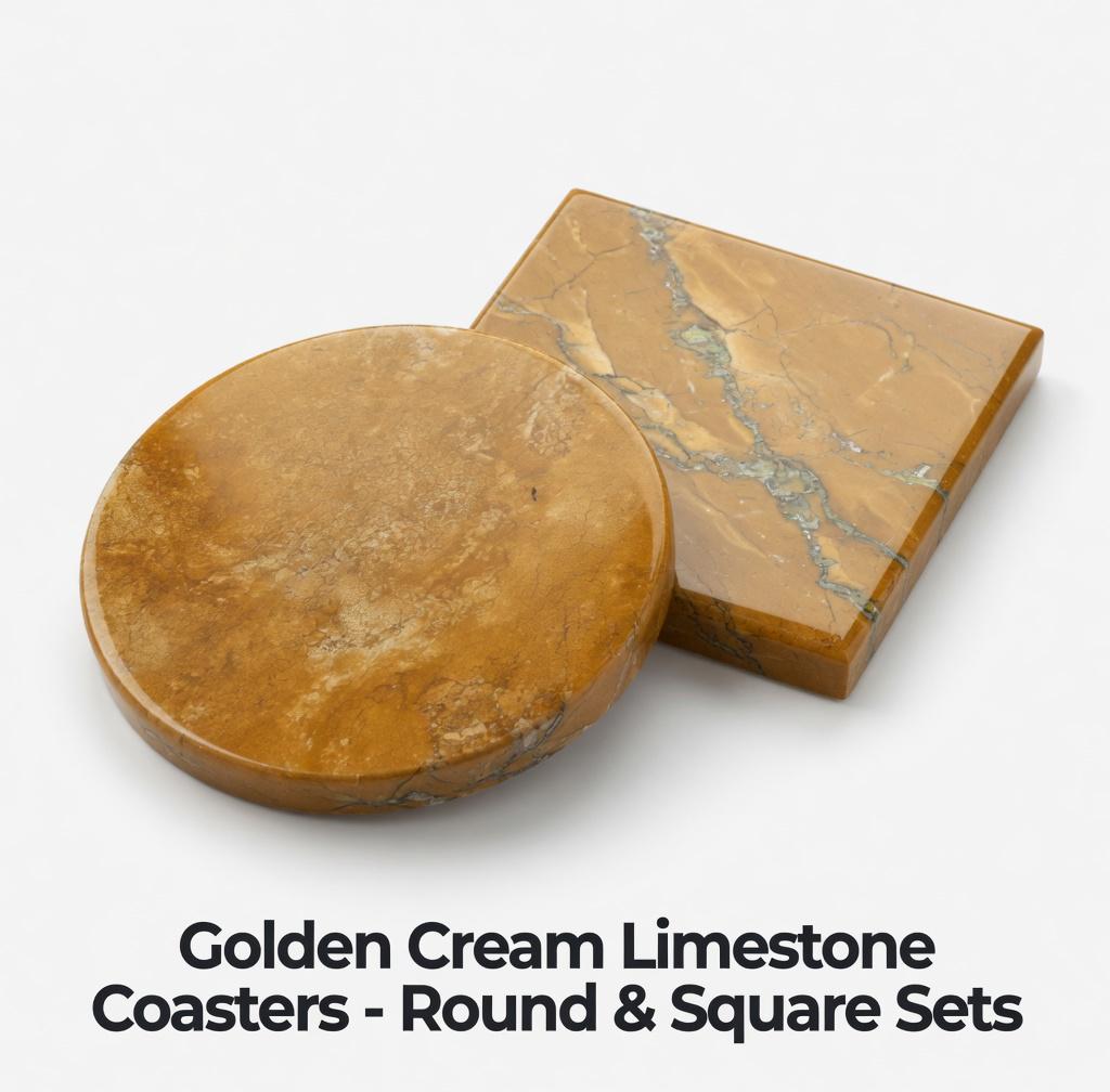 Handmade Golden Cream Limestone Coasters, Set of 4