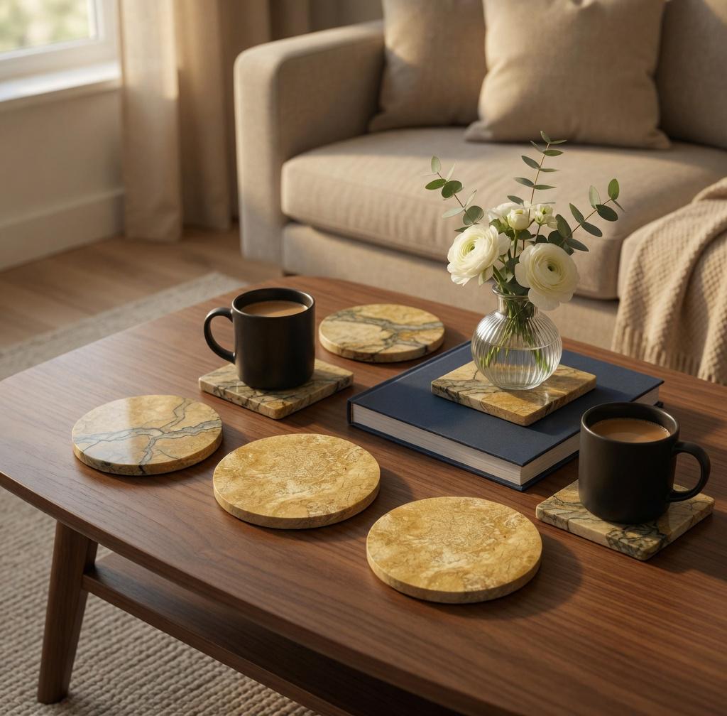 Handmade Golden Cream Limestone Coasters, Set of 4