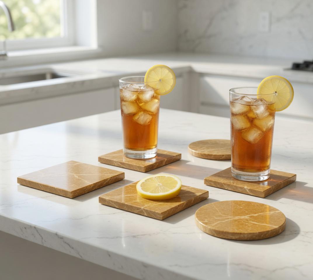 Handmade Golden Cream Limestone Coasters, Set of 4