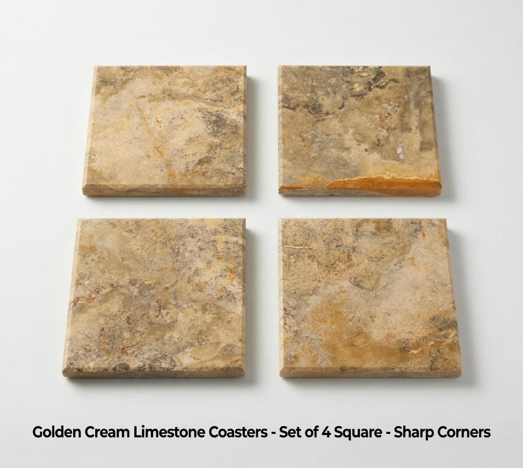 Handmade Golden Cream Limestone Coasters, Set of 4