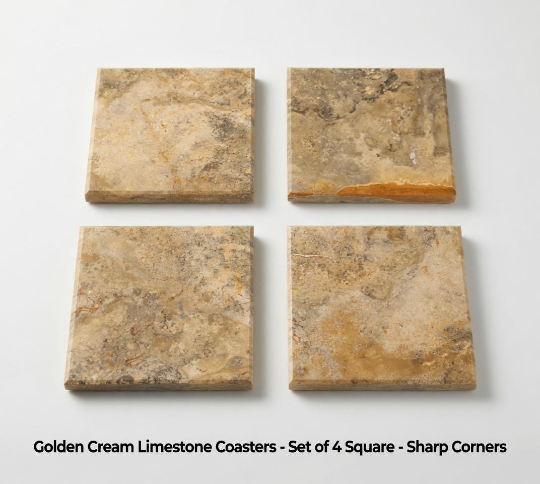 Handmade Golden Cream Limestone Coasters, Set of 4