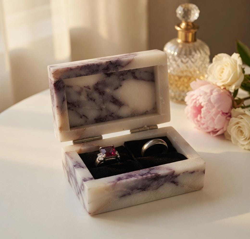 Amaretto Viola Marble Double Ring Box, Elegant Keepsake perfect to hold 2 rings and treasure forever