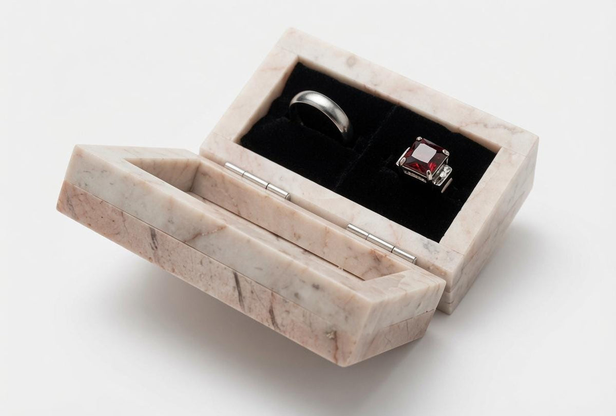 Coral Notte Marble Double Ring Box, Engagement Ring Keepsake