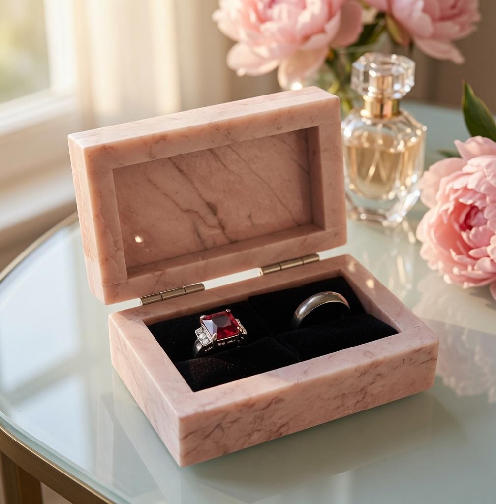 Coral Notte Marble Double Ring Box, Engagement Ring Keepsake