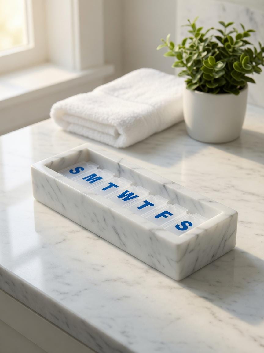 Glacier White marble pill shorter box 7"×2 1/4" height 2 3/8" with weakly pill organizer FREE SHIPPING