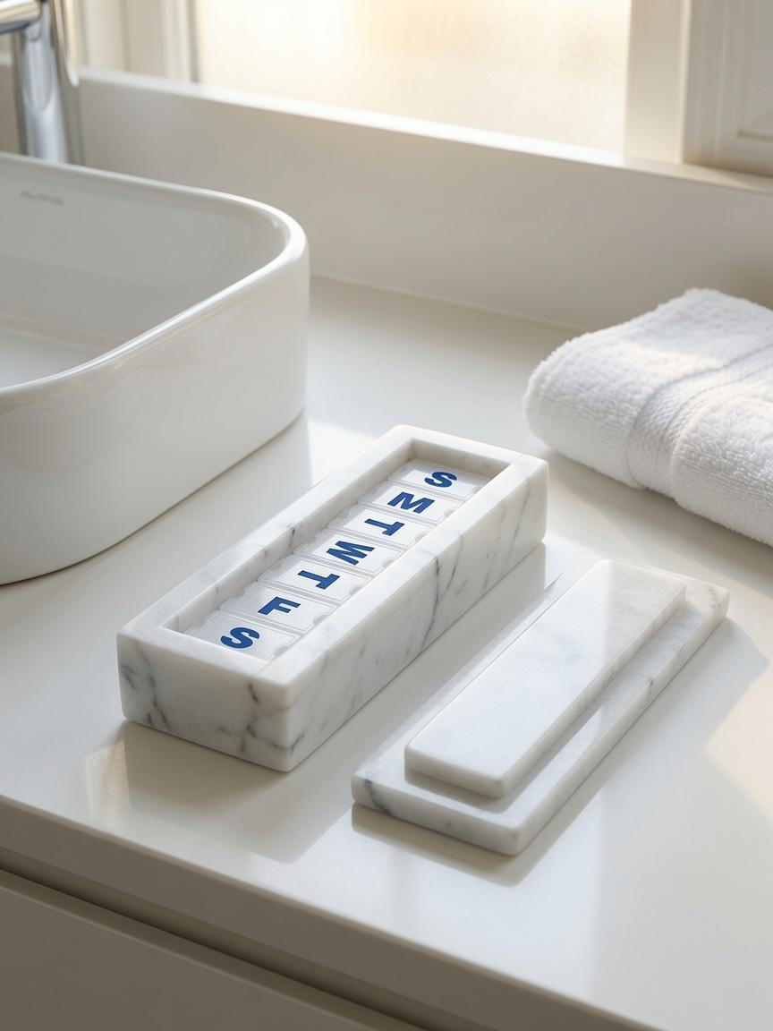 Glacier White marble pill shorter box 7"×2 1/4" height 2 3/8" with weakly pill organizer FREE SHIPPING