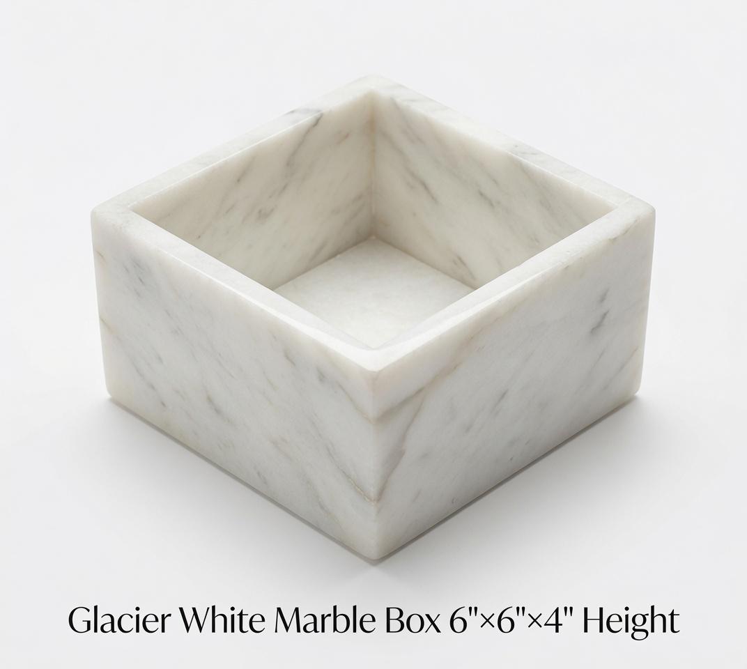 Handmade Glacier White Marble Box: Elegant Desk & Kitchen Storage(6X6X4)