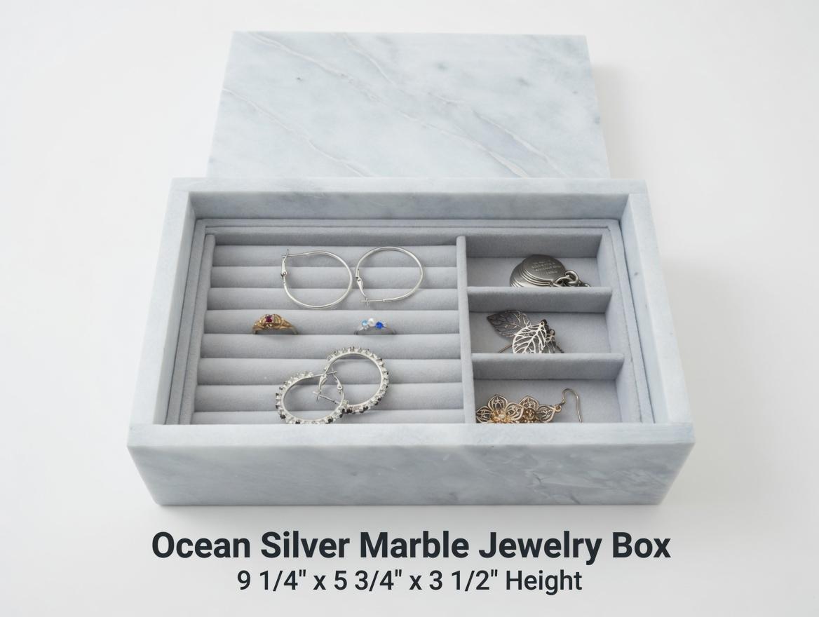 Marble Jewelry Box Ocean Silver Marble 9 1/4" × 5 3/4" height 3 1/2" Free Shipping Includes 2 for storage trays