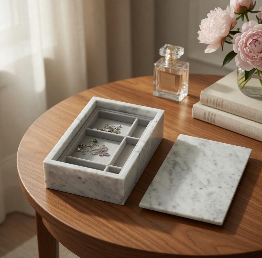 Bianco Carrara Marble Jewelry Box 9 1/4" × 5 3/4" height 3 1/2" with 2 fitted jewelry storage trays Free Shipping