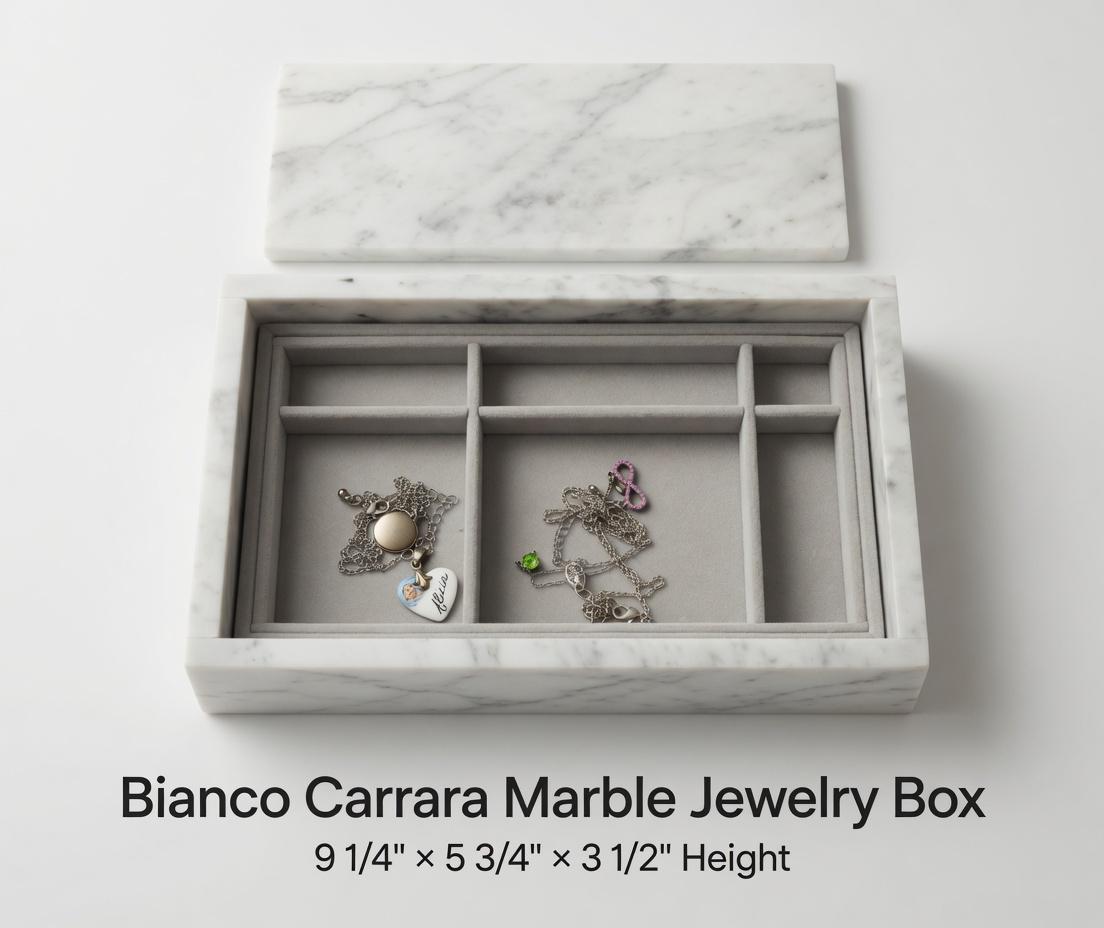 Bianco Carrara Marble Jewelry Box 9 1/4" × 5 3/4" height 3 1/2" with 2 fitted jewelry storage trays Free Shipping