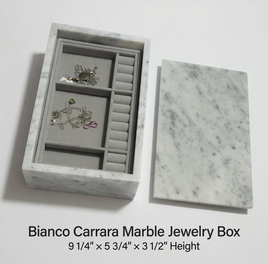 Bianco Carrara Marble Jewelry Box 9 1/4" × 5 3/4" height 3 1/2" with 2 fitted jewelry storage trays Free Shipping
