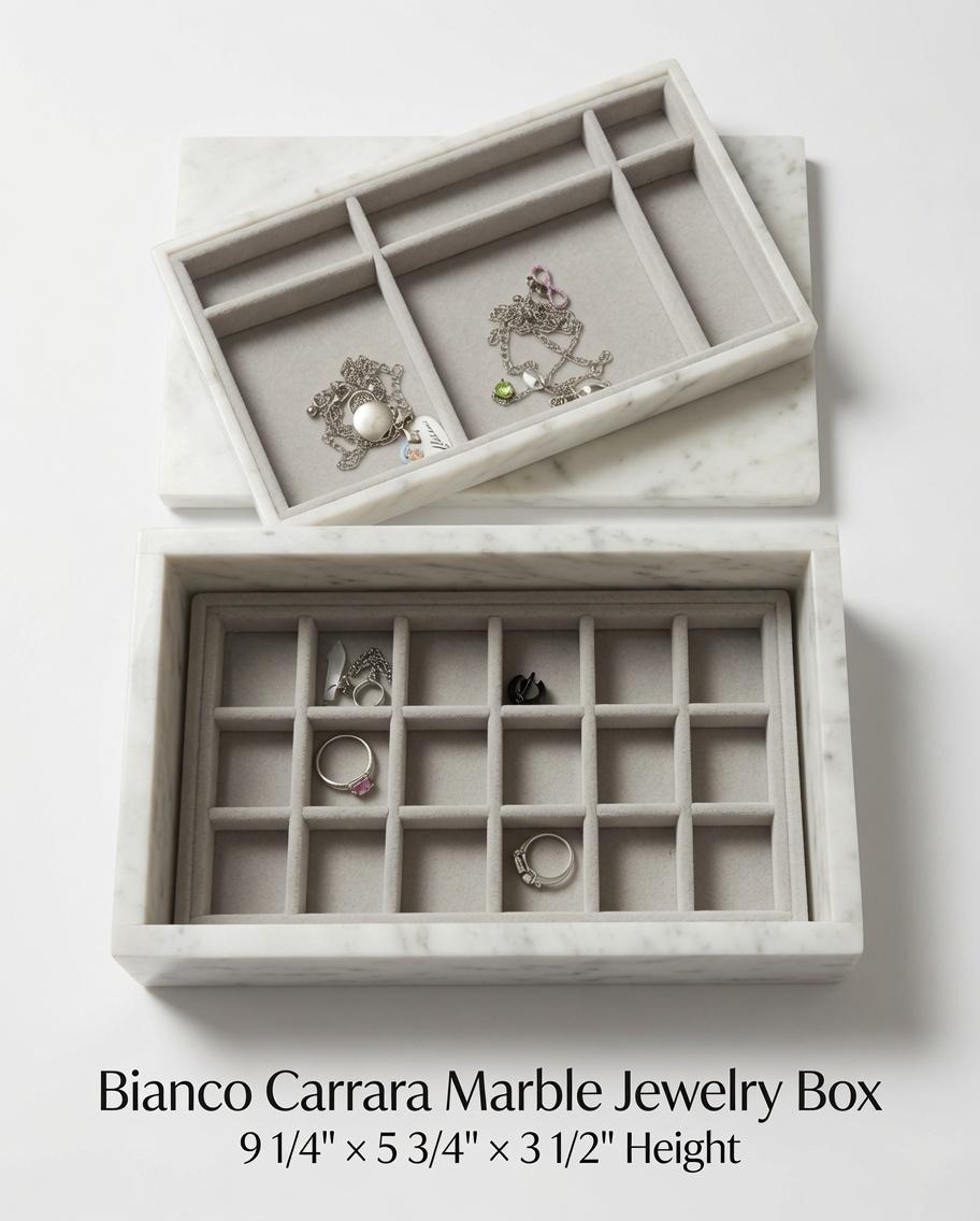 Bianco Carrara Marble Jewelry Box 9 1/4" × 5 3/4" height 3 1/2" with 2 fitted jewelry storage trays Free Shipping