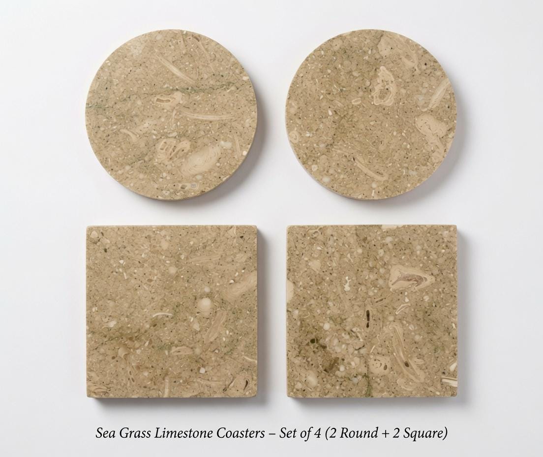 Sea Grass Limestone Coasters olive green, brown, and grey tones Handmade Beautiful set of 4 coasters round, square, or mix and match