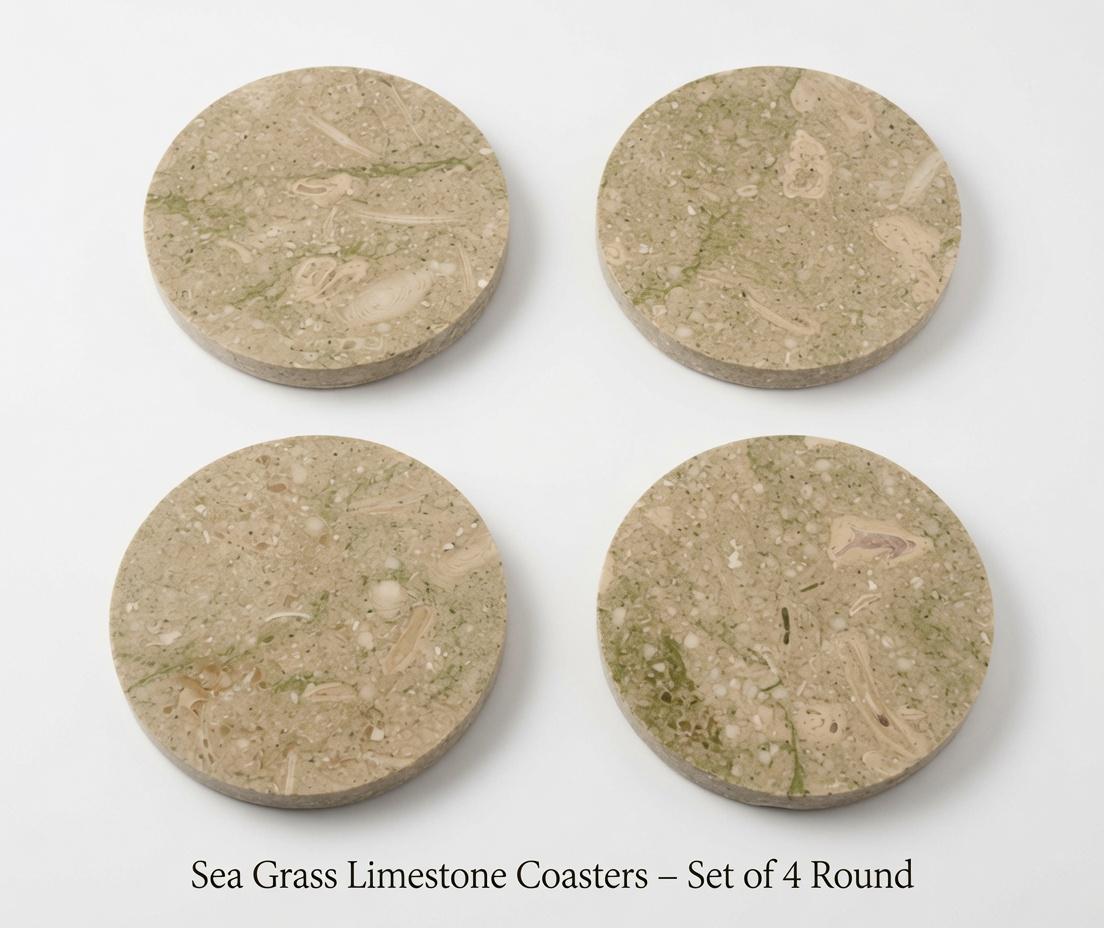 Sea Grass Limestone Coasters olive green, brown, and grey tones Handmade Beautiful set of 4 coasters round, square, or mix and match