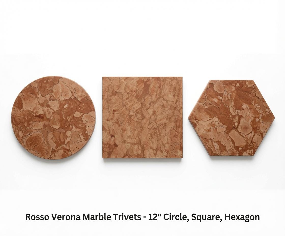Rosso Verona Marble Trivets,  Hot plate. Perfect to protect your table from hot pots 12" circle, square, or hexagon. Free Shipping