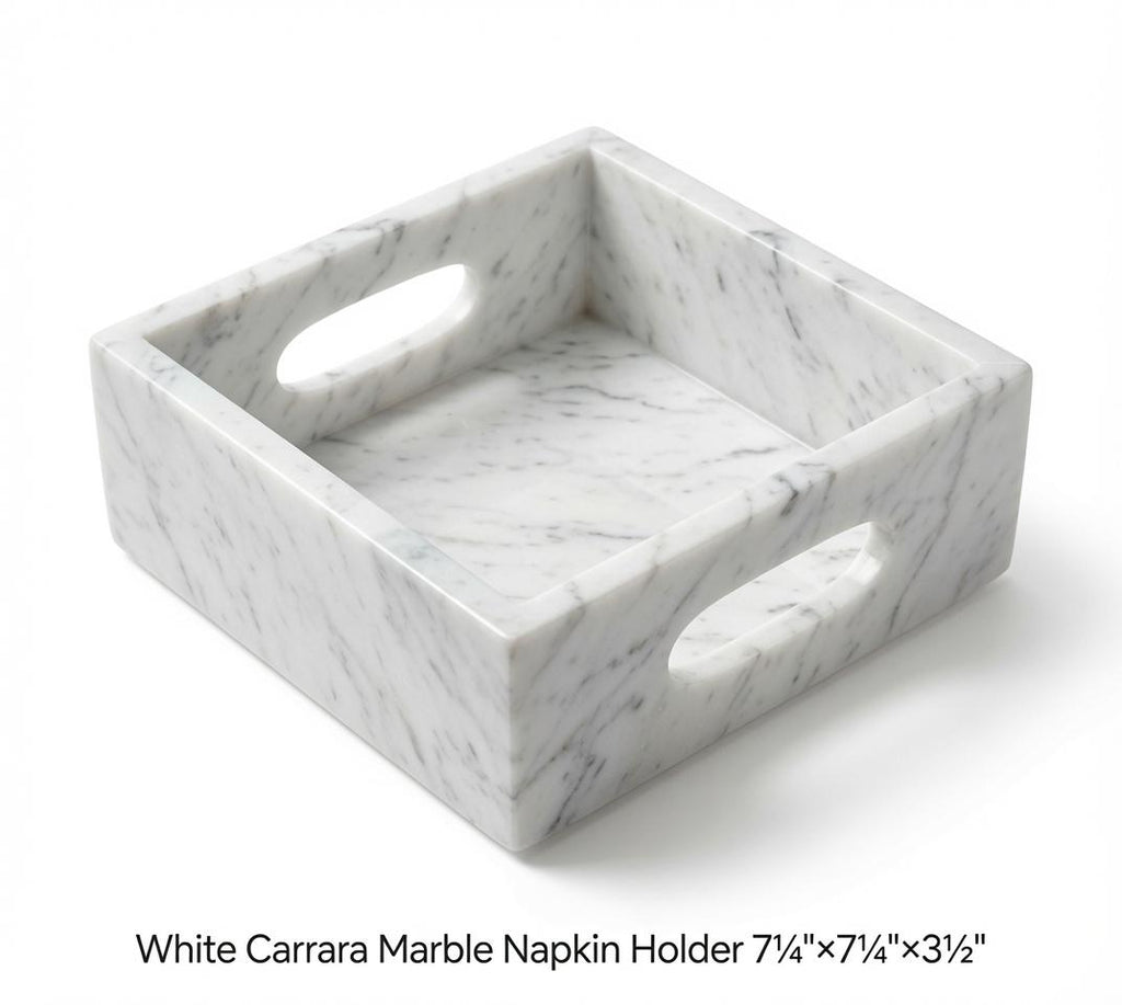 White Carrara Marble Napkin Holder 7 1/4"×7 1/4" height 3 1/2" with side handles holds 6" napkins perfectly FREE SHIPPING