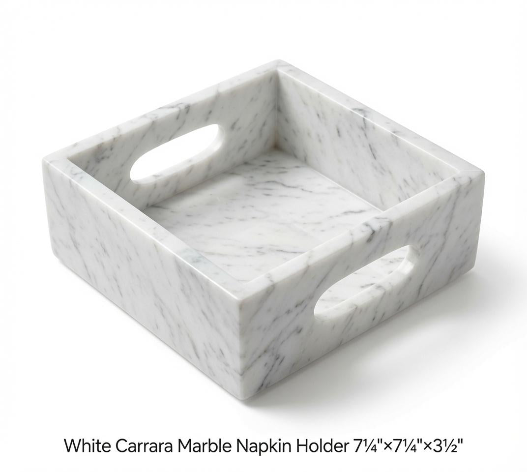 White Carrara Marble Napkin Holder 7 1/4"×7 1/4" height 3 1/2" with side handles holds 6" napkins perfectly FREE SHIPPING