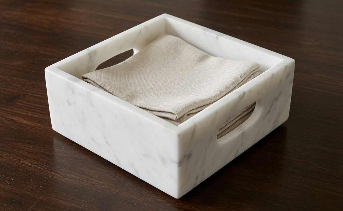 White Carrara Marble Napkin Holder 7 1/4"×7 1/4" height 3 1/2" with side handles holds 6" napkins perfectly FREE SHIPPING