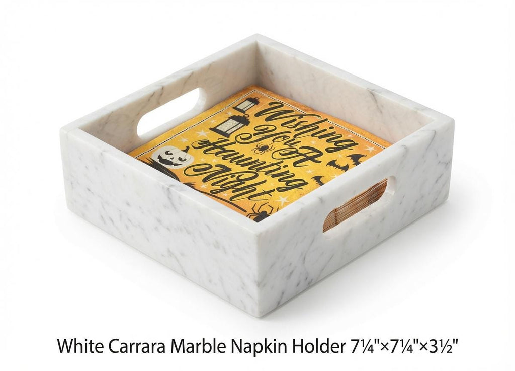 White Carrara Marble Napkin Holder 7 1/4"×7 1/4" height 3 1/2" with side handles holds 6" napkins perfectly FREE SHIPPING