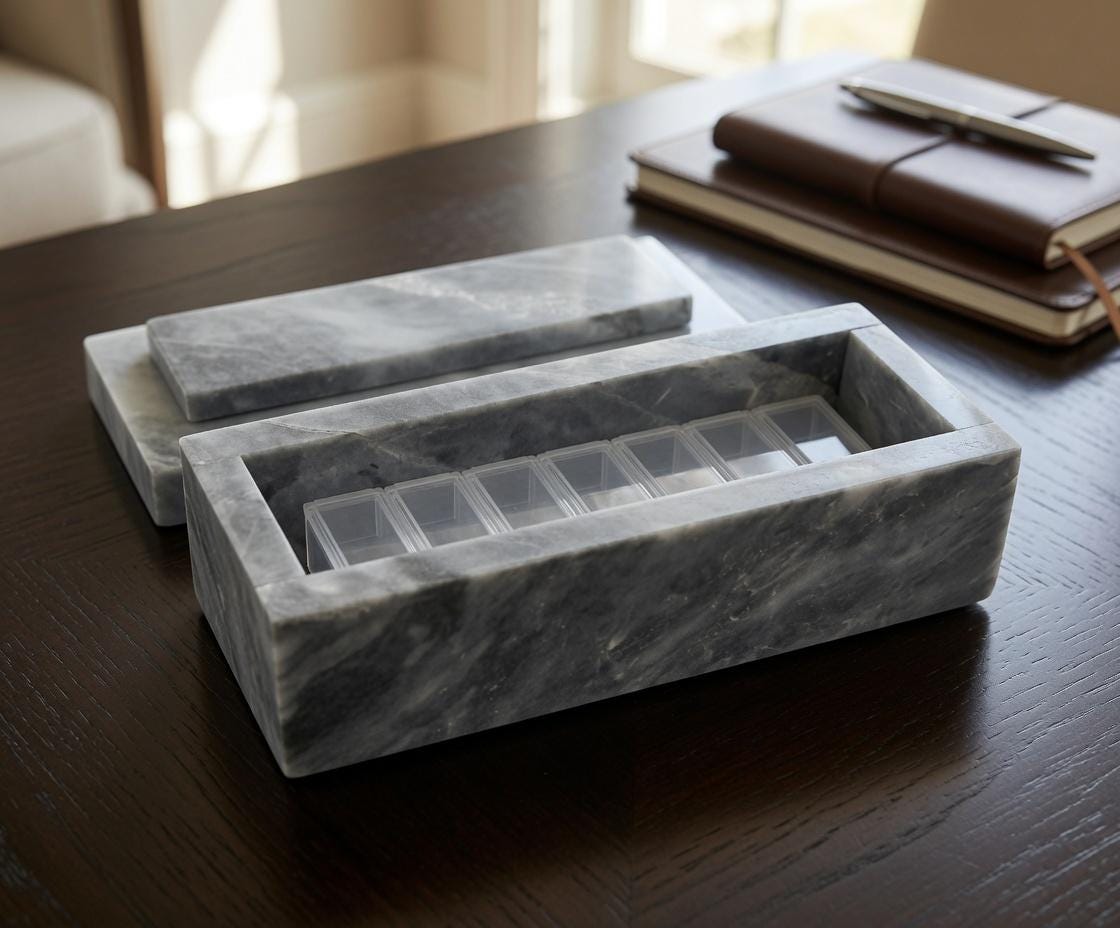 Vogue Gray Marble box container box 7 1/4"×2 1/2" height 2 5/8" with weakly pill organizer FREE SHIPPING