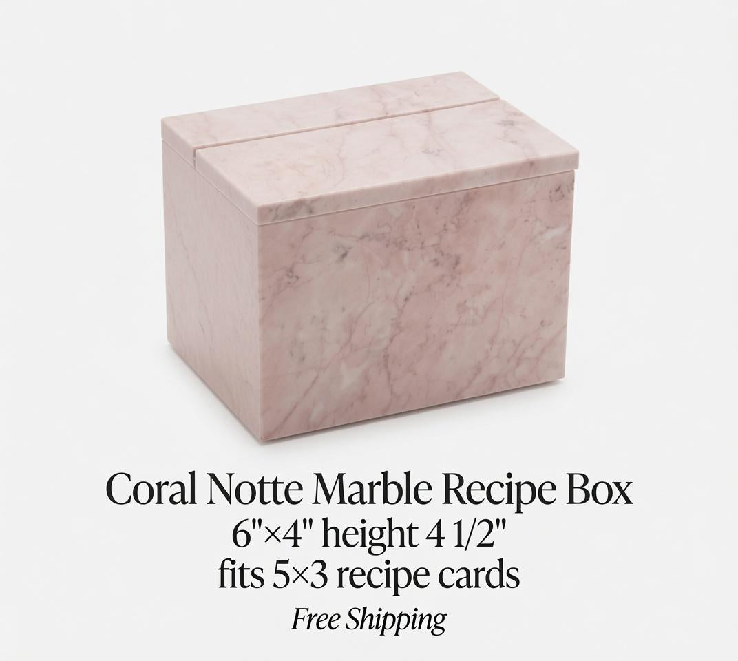 Coral Notte Marble Recipe Box 6"×4" height 4 1/2" fits 5×3 recipe cards Free Shipping