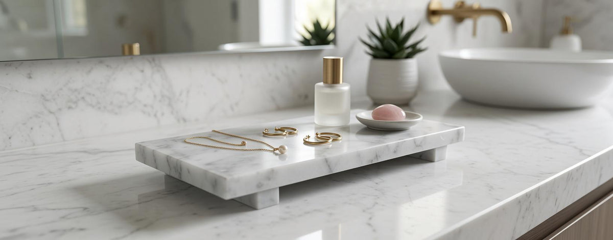 Marble display tray with risers available in many stone an elegant bathroom addition.