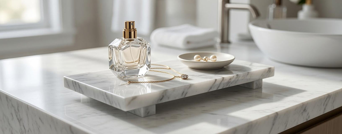 Marble display tray with risers available in many stone types an elegant bathroom addition.