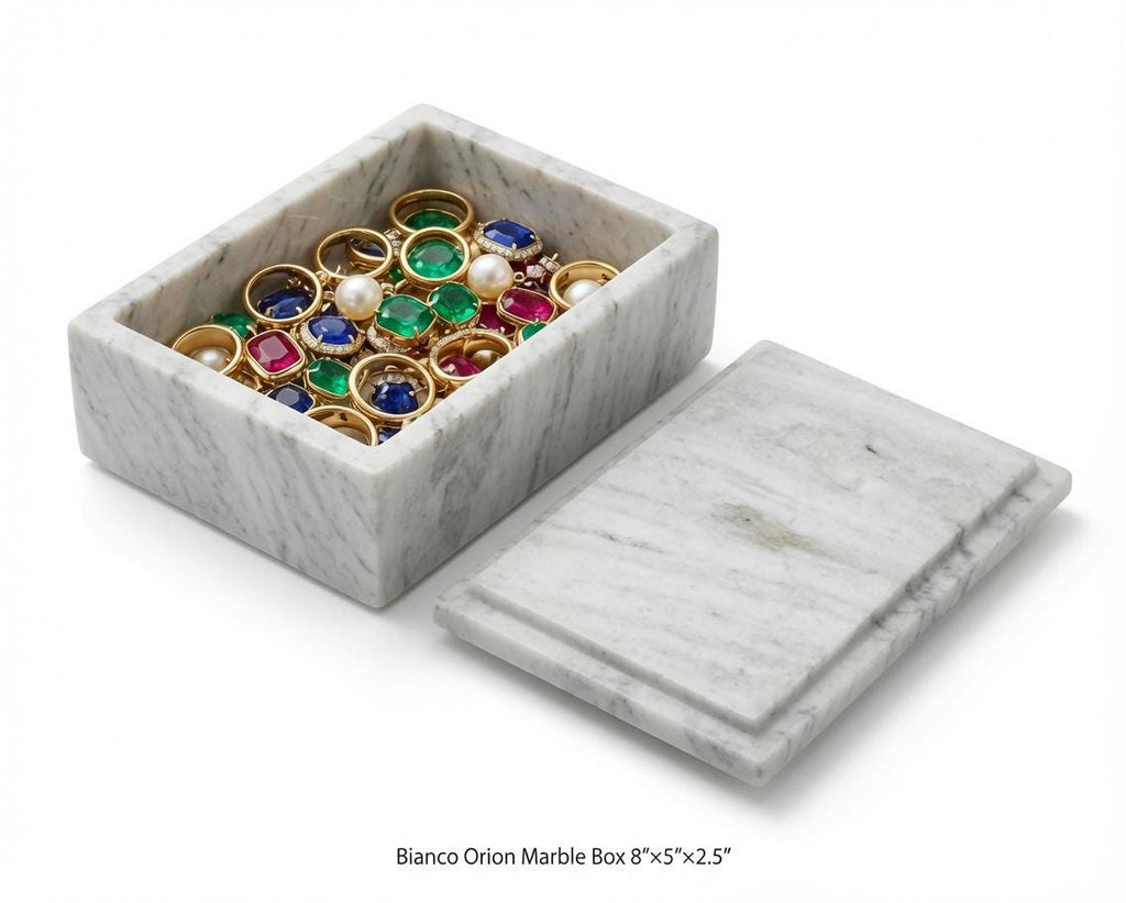 Handmade Bianco Orion Marble Box 8"×5" height 2 1/2" Am elegance unrivaled for your precious items Free Shipping