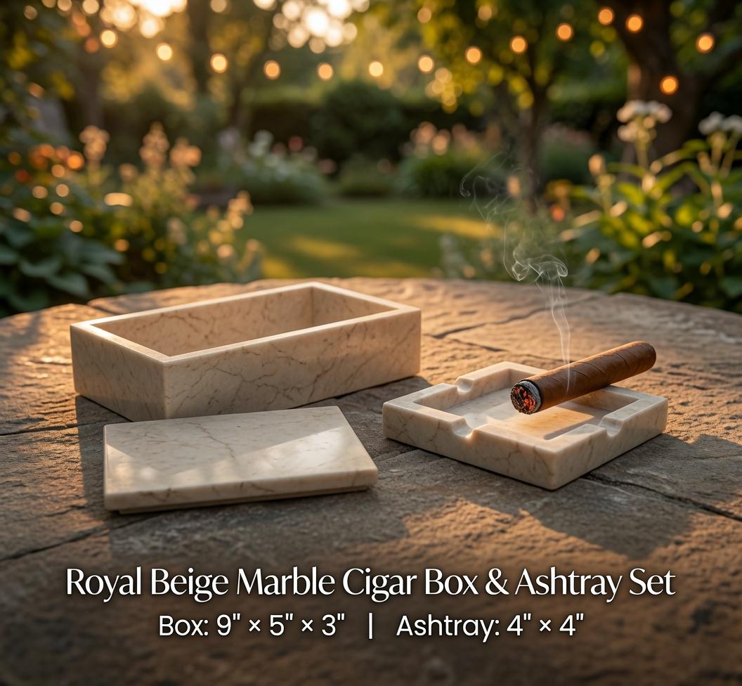 Royal Beige Marble Cigar Box and matching Marble Ashtray 9"×5" height 3" ashtray 4"×4" Free Shipping