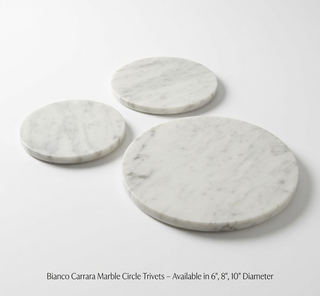 Bianco Carrara Stone Trivets one each of 6" , 8" , 10" diameter. Free Shipping Perfect to protect your table from hot pots and pans.