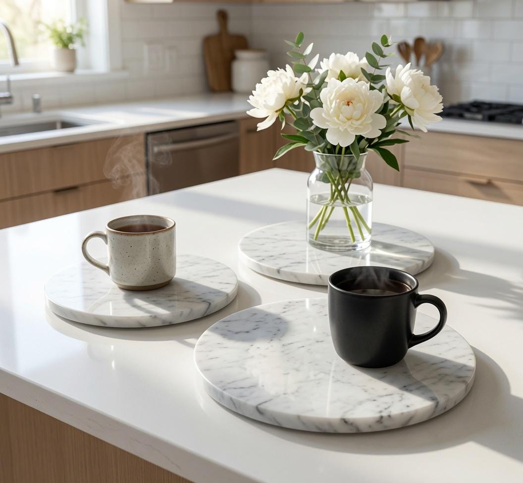 Bianco Carrara Stone Trivets one each of 6" , 8" , 10" diameter. Free Shipping Perfect to protect your table from hot pots and pans.