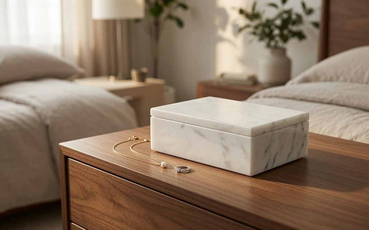 Glacier White Marble Jewelry Box 9 1/2" × 6" height 3 1/2" Two jewelry trays perfect and elegant Free Shipping