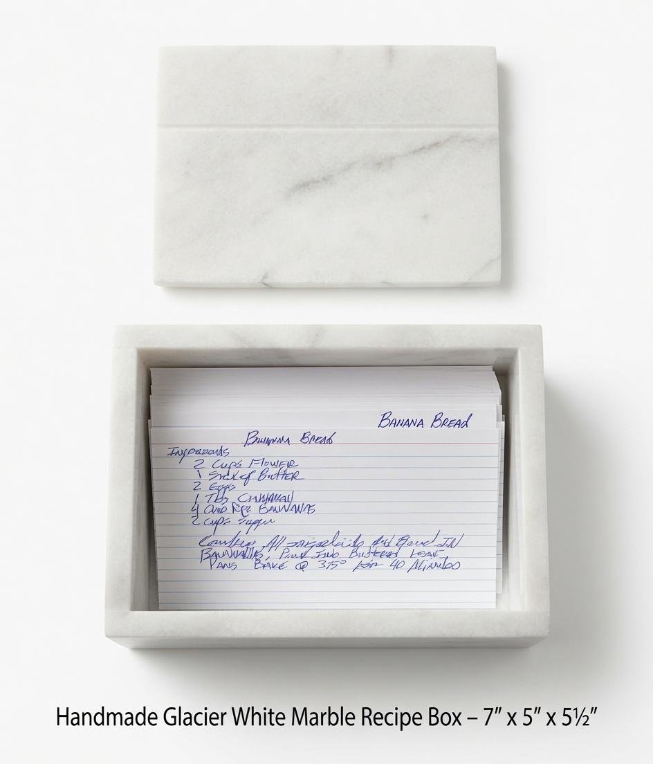 Glacier White Marble Recipe Box 7"×5" height 5 1/2" fits 6x4 recipe cards an elegant heirloom recipe box Free Shipping