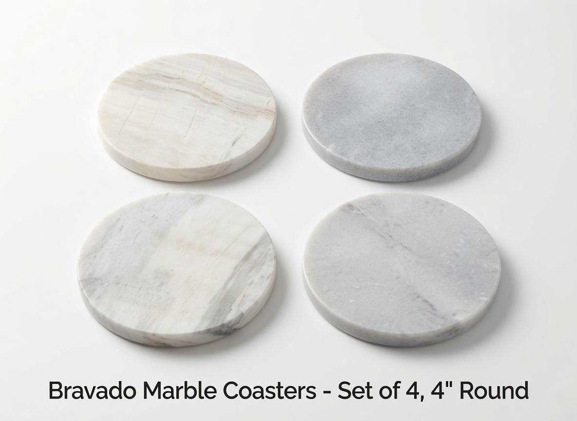 Bravado Marble a beautiful grey and white Marble coasters, set of four 4" diameter coasters, available in round and square or mix and match