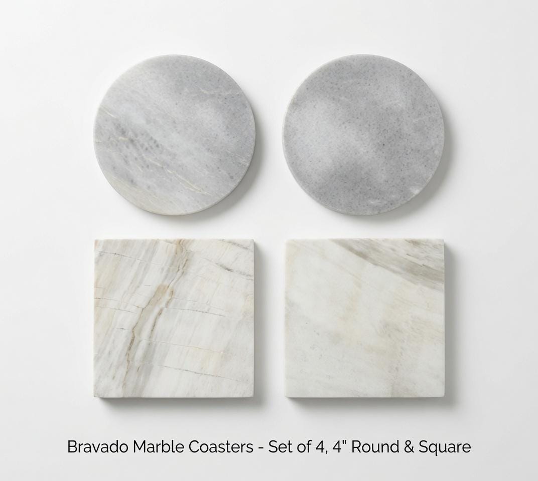 Bravado Marble a beautiful grey and white Marble coasters, set of four 4" diameter coasters, available in round and square or mix and match